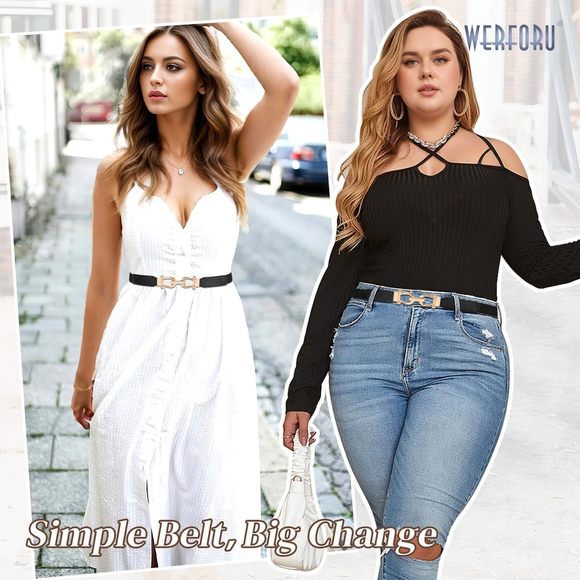 3 Pack Women Skinny Elastic Waist Belt Gold Buckle Stretchy Thin Belt For🌻